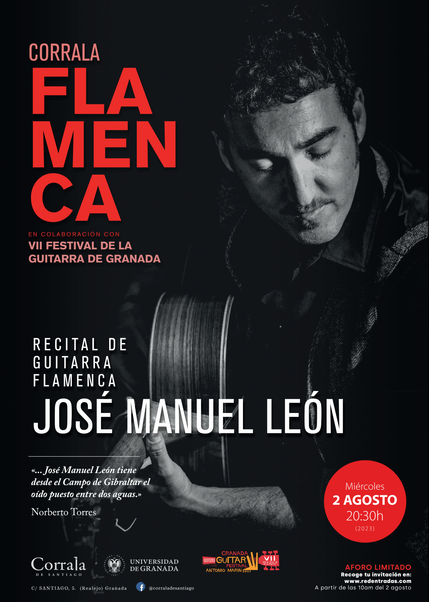 Dentro de la programación del Festival Internacional de la Guitarra, el algecireño José Manuel León dará un concierto de guitarra flamenca el día 2 de agosto a las 20:30 horas.