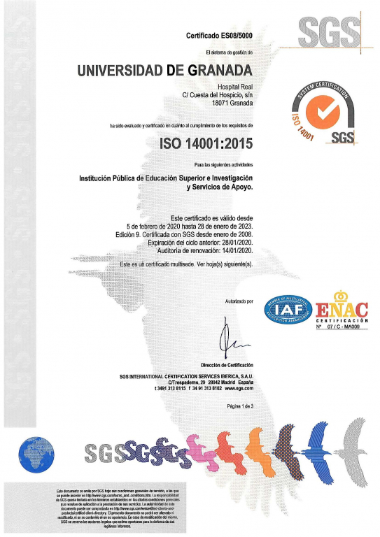 Página 1 del certificado ISO 14001 de la Corrala de Santiago