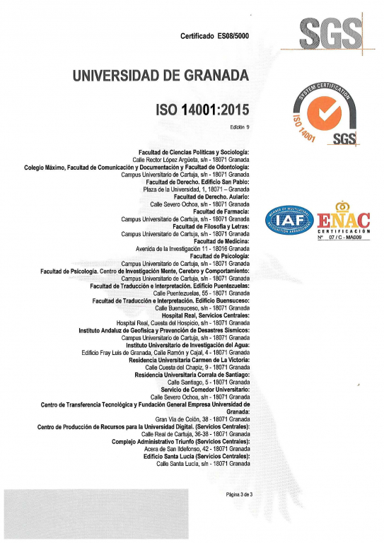 Página 3 del certificado ISO 14001 de la Corrala de Santiago