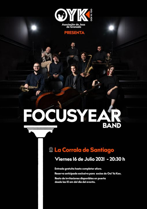 Concierto de Focusyear Band Cartel del concierto con músicos y texto