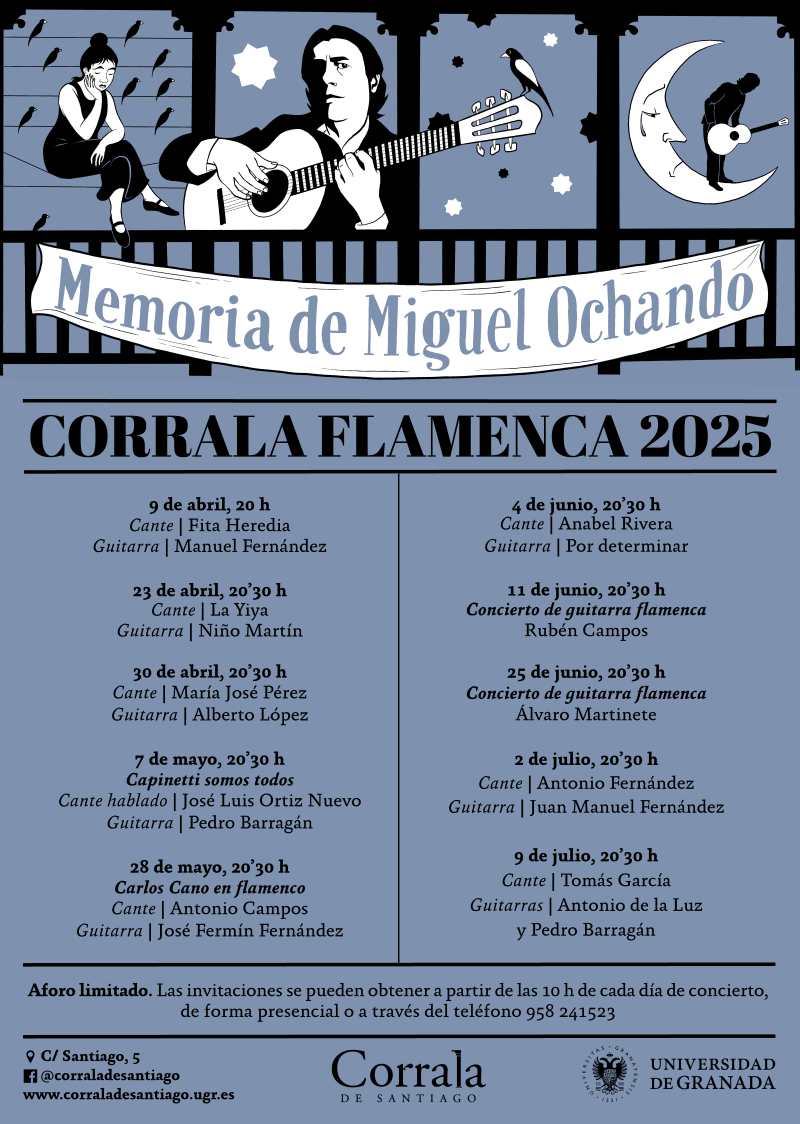 La programación completa de la Corrala Flamenca 2025 estará dedicada a la memoria del guitarrista Miguel Ochando, gran amigo y colaborador de esta casa, recientemente fallecido. 
